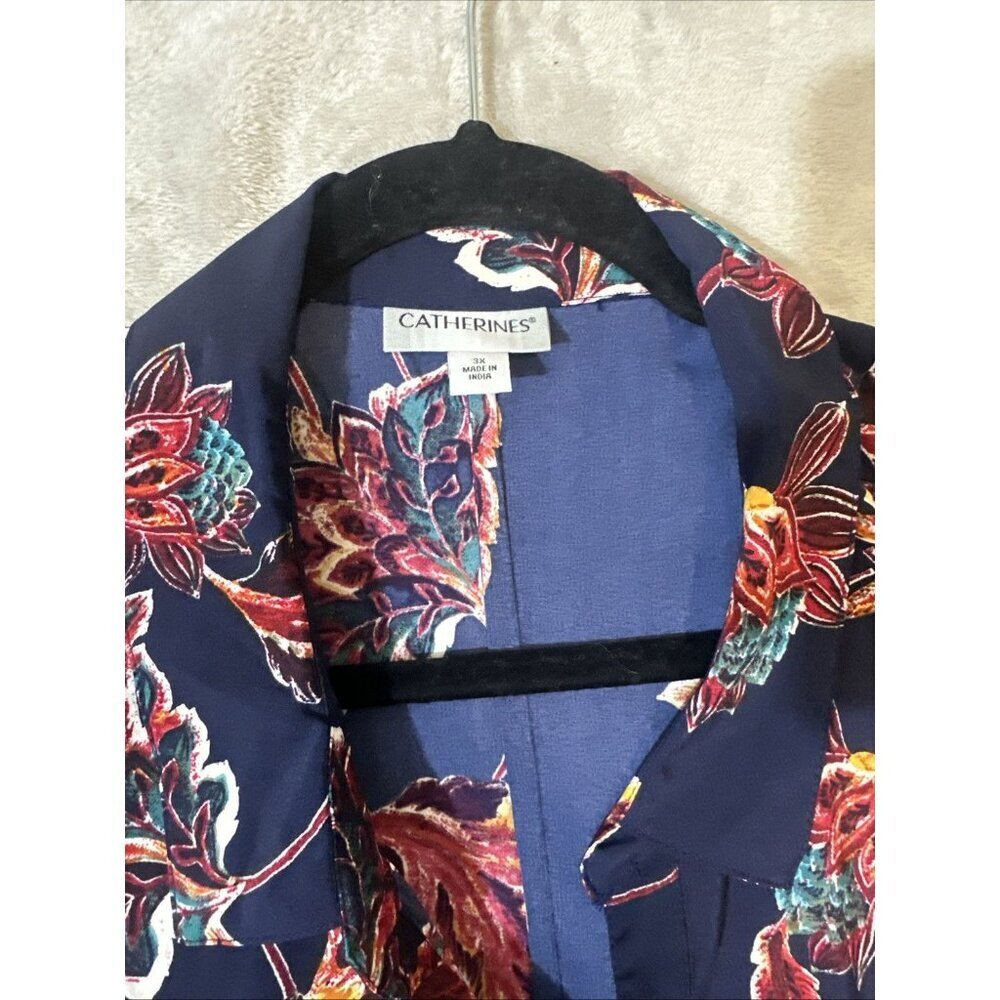 Catherines 3X Blouse Navy Multicolor Leaf Print Stretch Button Front 3/4 Sleeve - Picture 6 of 10